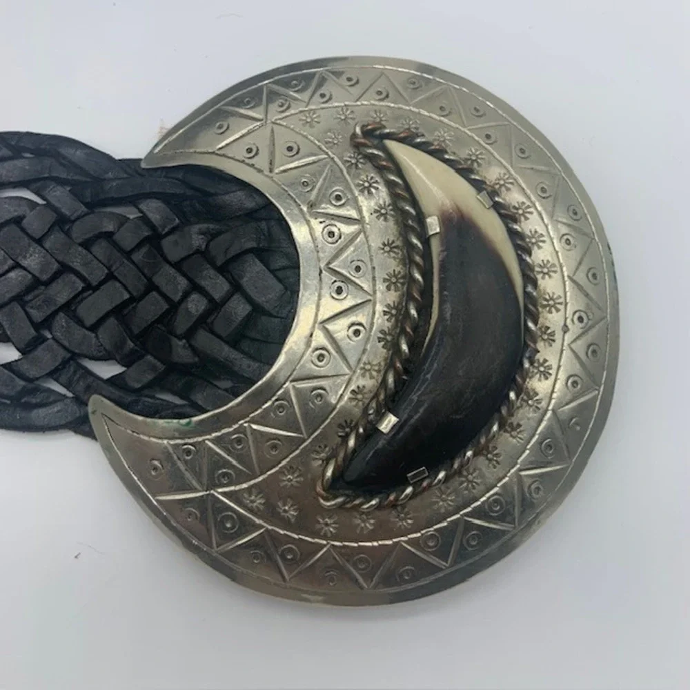 Vintage Chico's Y2K Braided Leather Belt Large Horn Buckle Boho Western Cowgirl